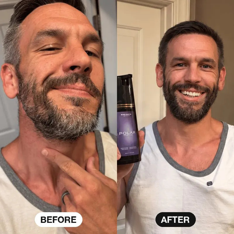 Man with gray in his hair and beard before and after: both dark brown