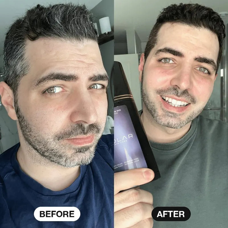 Man with gray temples and stubble before and after: dark hair and beard