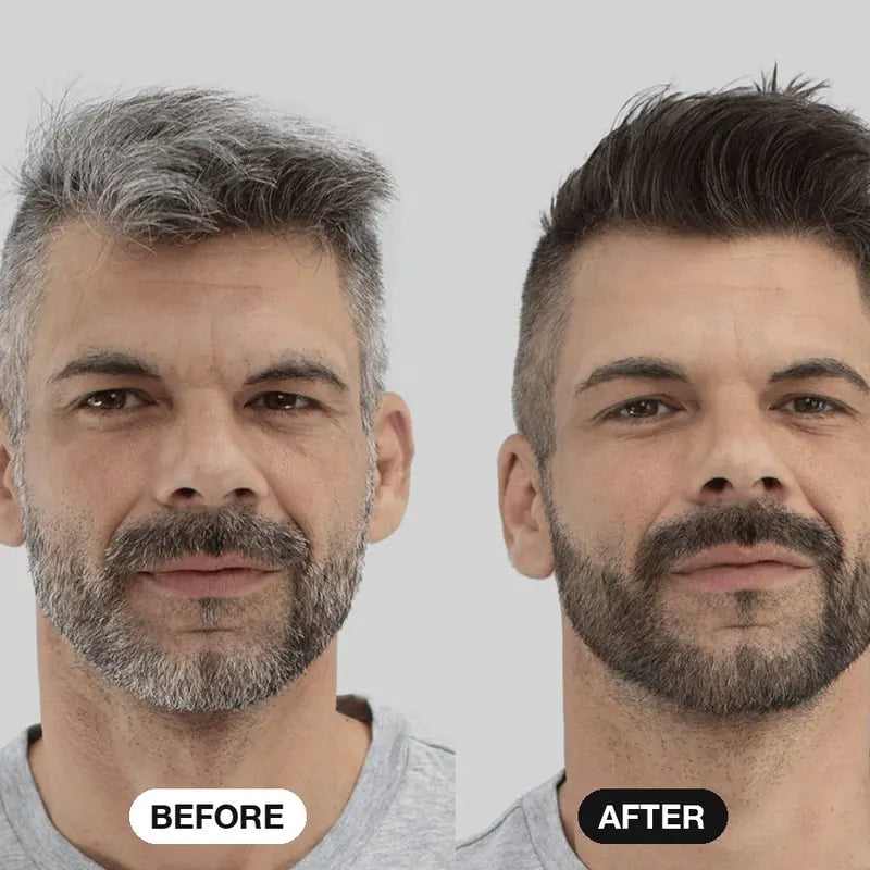 Man with salt-and-pepper hair and beard before and after: dark brown
