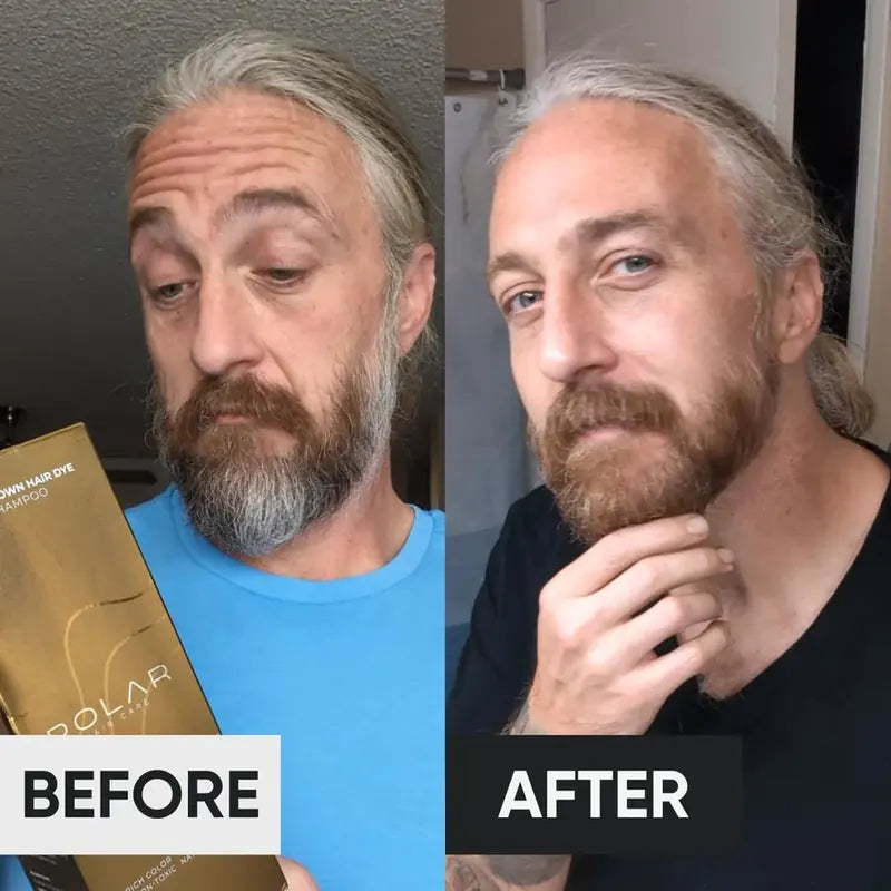 Man with long hair and a beard before and after: the gray is softened, not erased