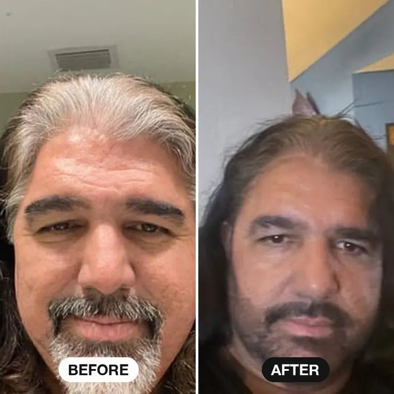 Pedro A. before and after: long salt-and-pepper hair and white goatee colored dark