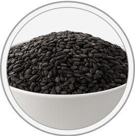 Black seeds in a white bowl with a clear circular border