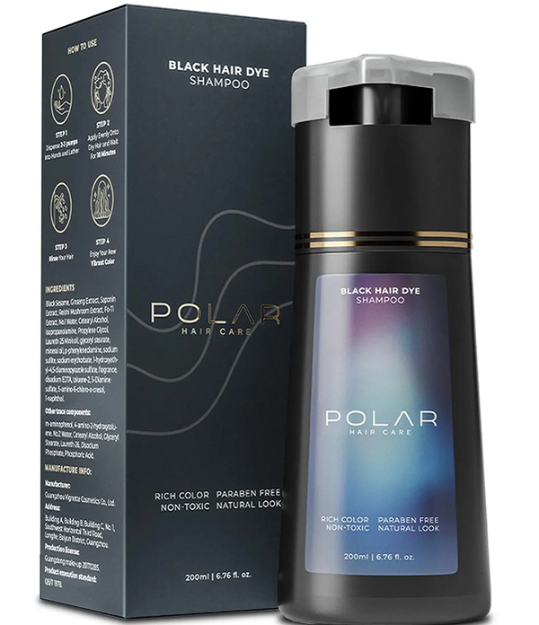 Black hair dye shampoo with packaging on a white background