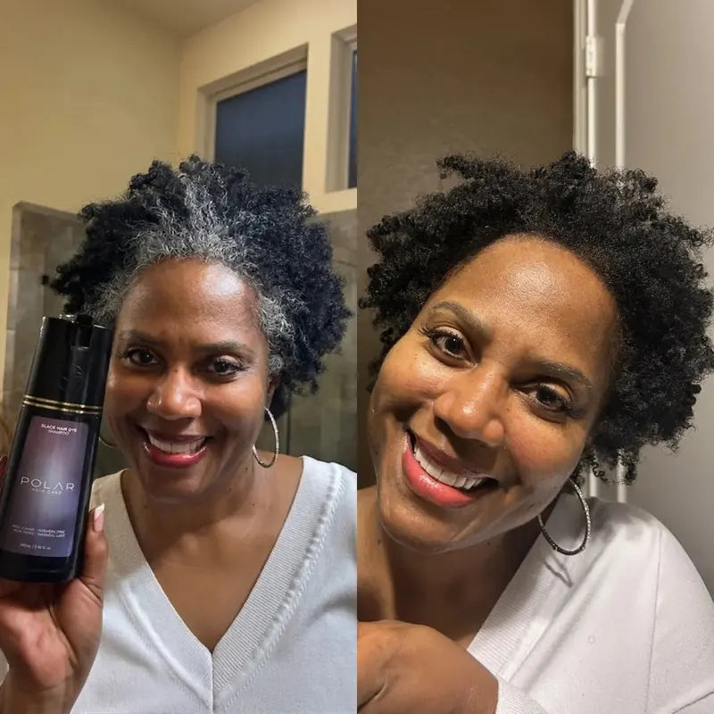 Woman with coily hair before and after: gray roots covered with natural black