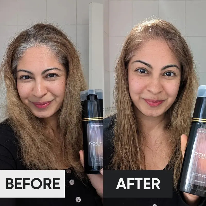 Woman with long wavy hair before and after: gray part covered