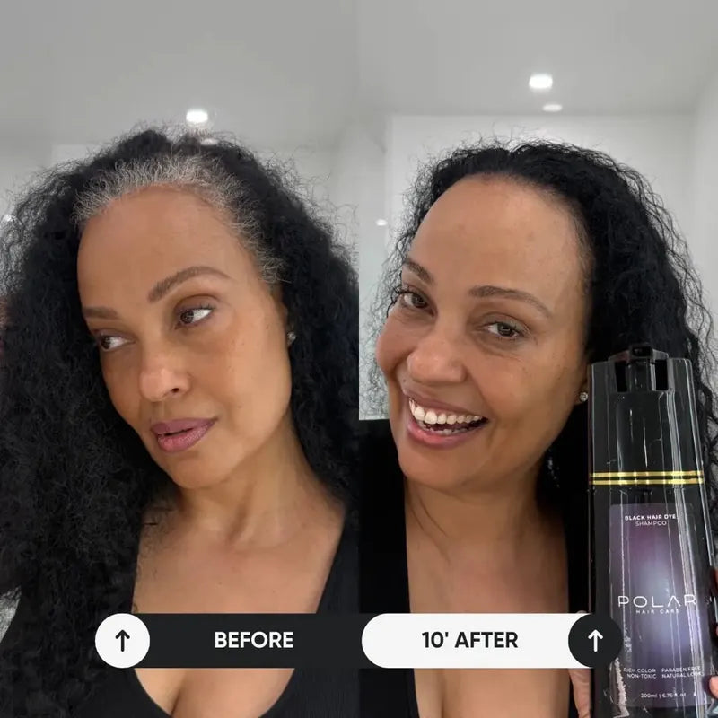 Woman with long curly hair before and 10 minutes after: gray part covered