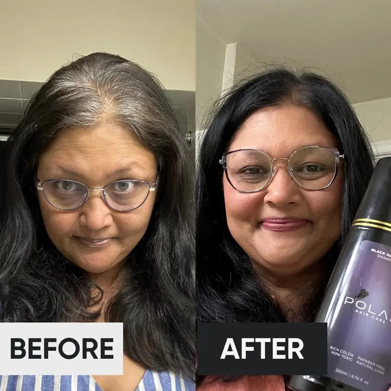 Woman with straight shoulder-length hair before and after: gray streaks covered