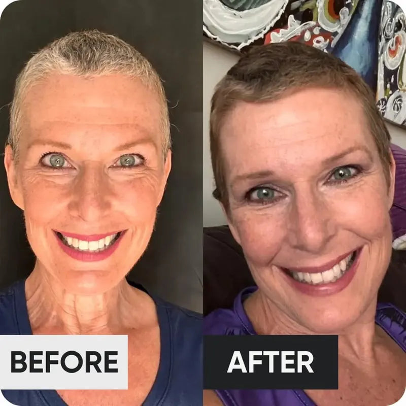 Woman with short silver hair before and after: colored an even brown