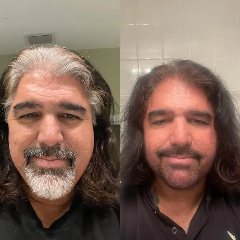 Man before and after using Polar: gray hair and white goatee colored dark brown