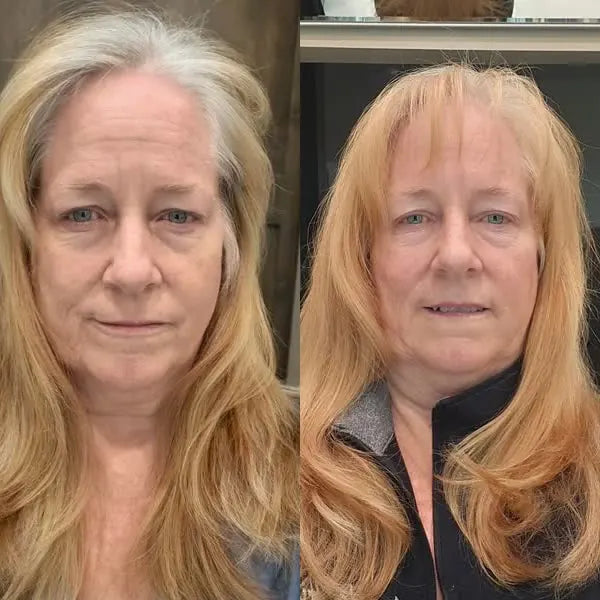 Johnell before and after: blonde hair with highlights, gray regrowth covered