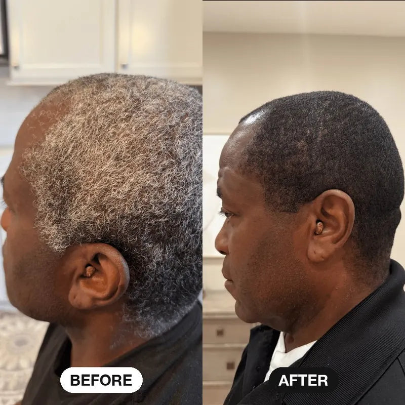Man with short coily gray hair before and after: black