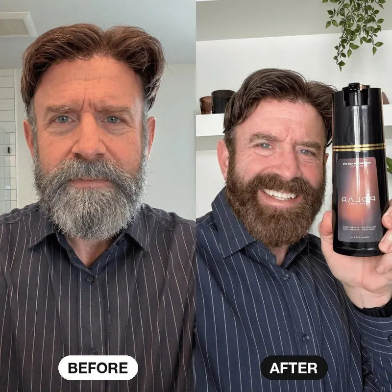 Man with a full gray beard before and after: brown hair and beard