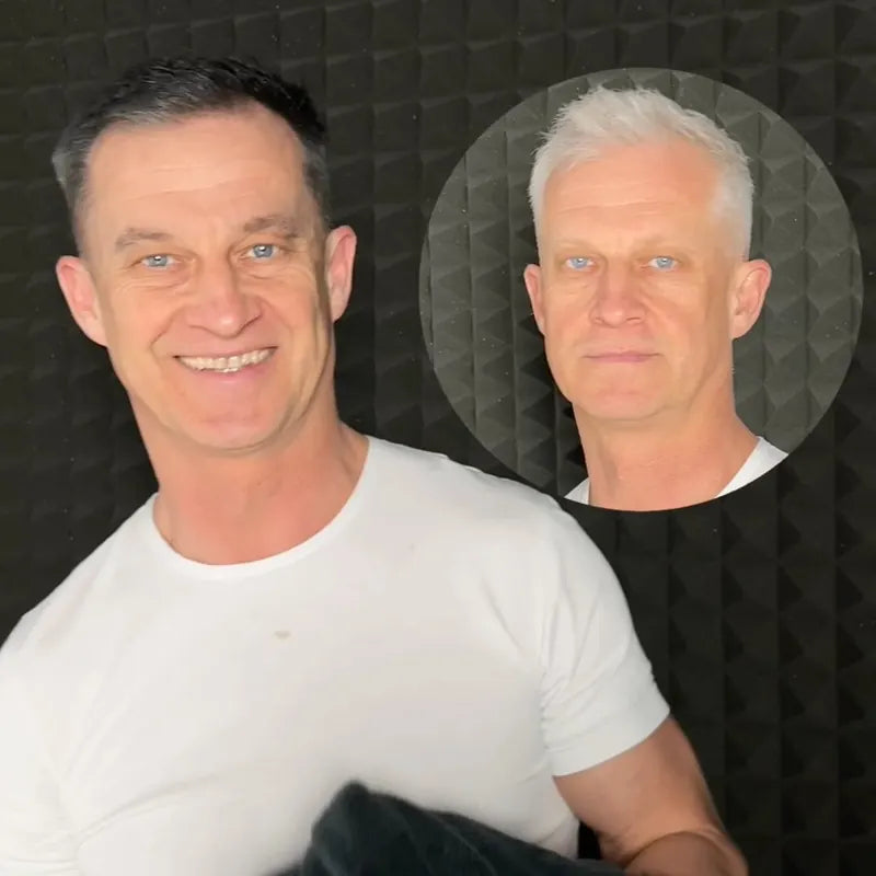 Man with fully white hair (inset) and after Polar: dark hair